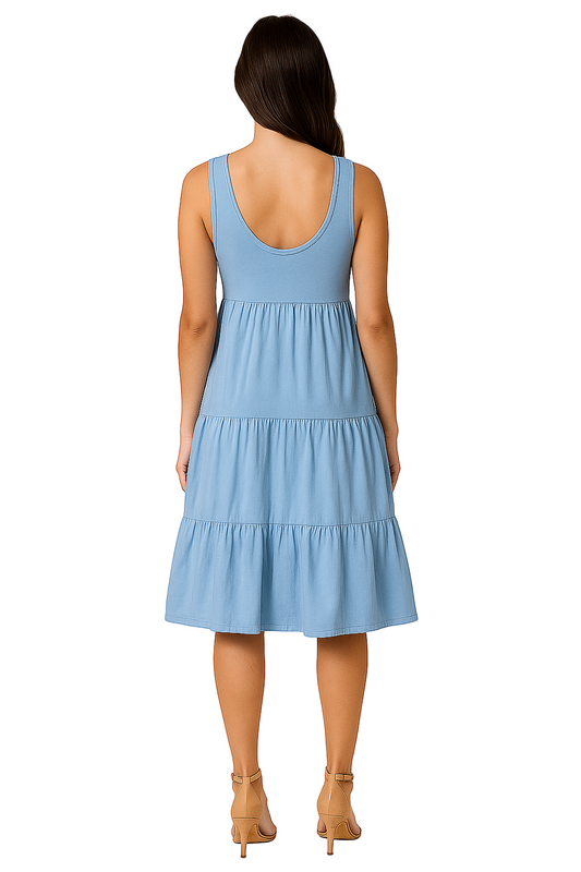 Abito midi blu senza maniche a balze da donna