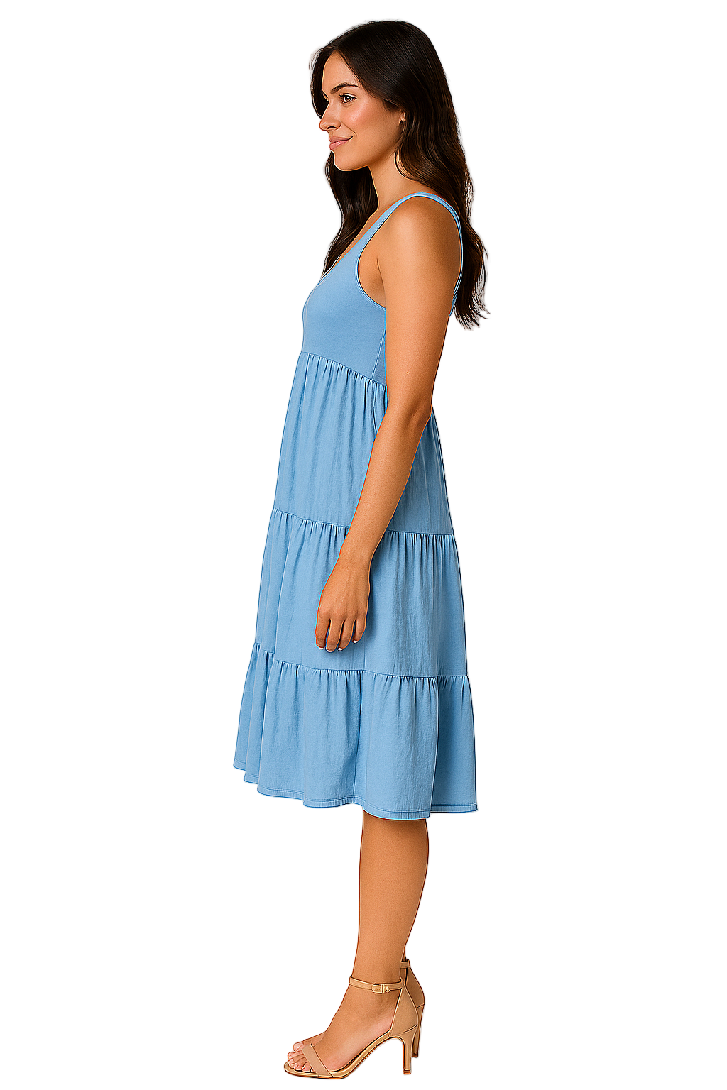 Abito midi blu senza maniche a balze da donna